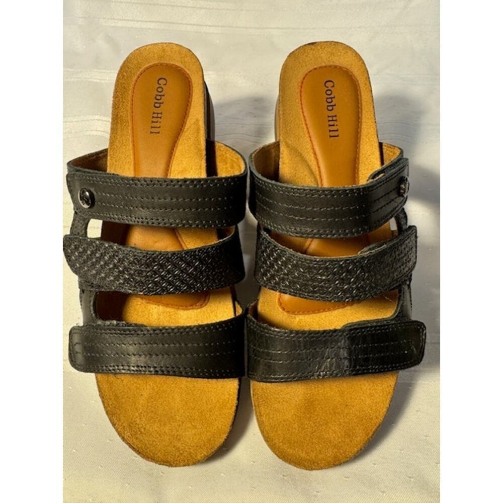 Cobb Hill Women's Size 7 Black Triple‎ Strap Leather Comfort Slide Sandals